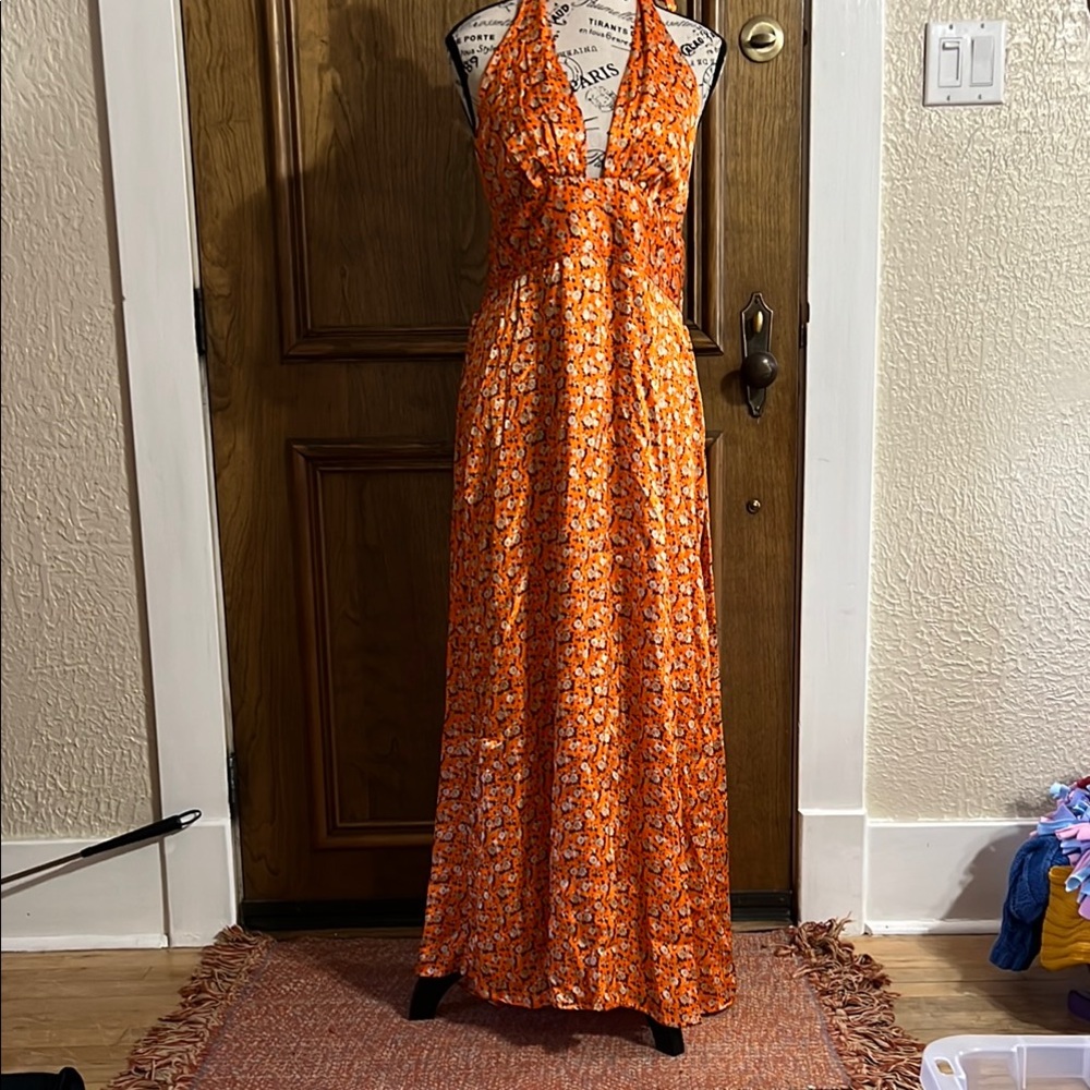 Topshop Orange Floral Halter  Maxi